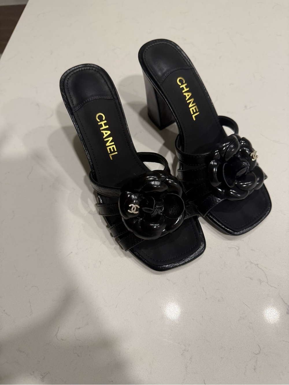 CHANEL Black Leather Camellia Slide Mules - Picture 4 of 6